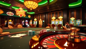 Experience the thrill of casino gaming at https://gg88.gold/ with a vibrant poker table and exciting slot machines.