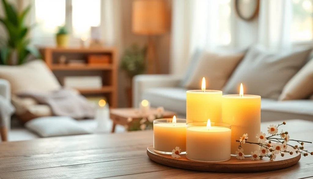 Mirisne svece sa sojinim voskom na drvenom stolu u ugodnom ambijentu.
