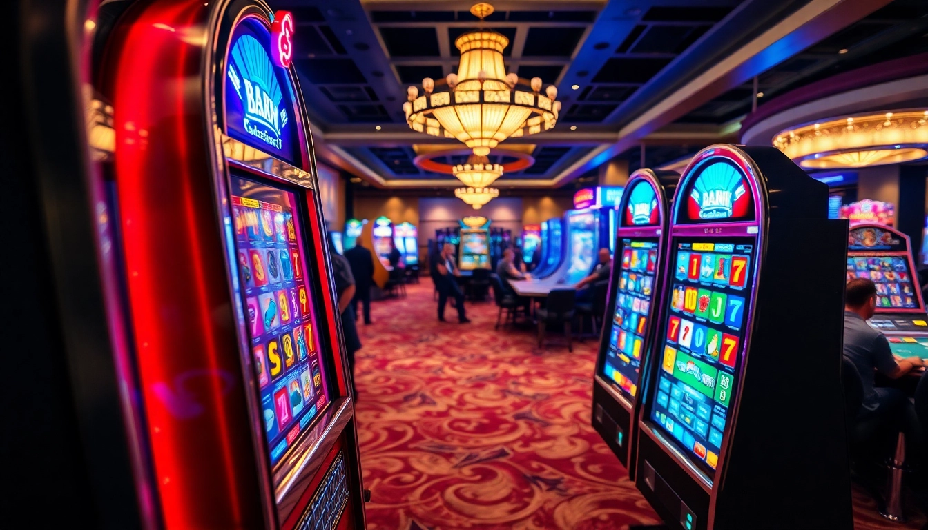 Apk slot menampilkan mesin slot cerah di kasino yang ramai dan penuh energi.