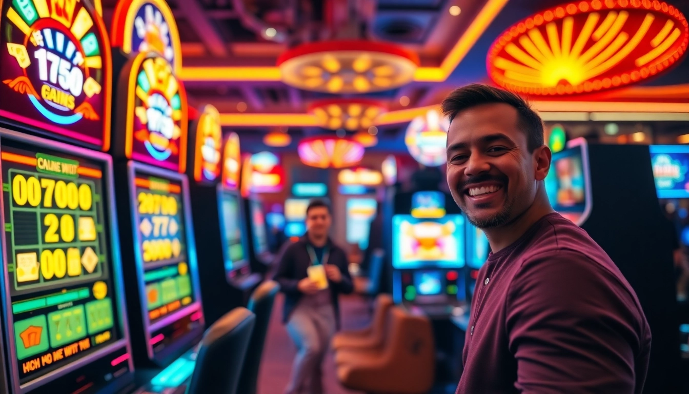 Best payout online casino Uk vibrant slot machines in a lively casino setting, showcasing excitement.