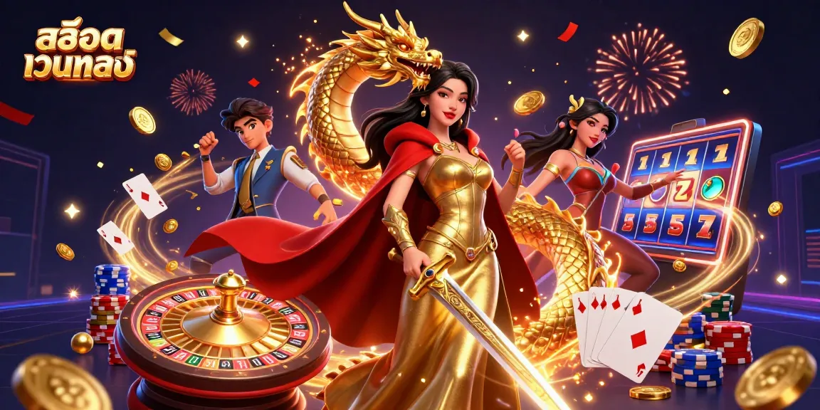 Engage with สล็อตเว็บตรง features in a thrilling casino scene with jackpot reels and golden elements.