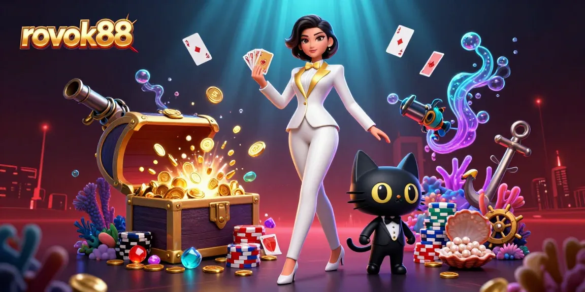 Experience thrilling gameplay with rokok88, featuring a glamorous dealer and playful elements in a vibrant casino scene.