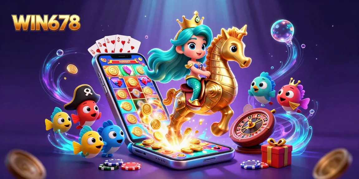 WIN678 slots illustration featuring a mermaid princess and seahorse amid colorful casino elements.