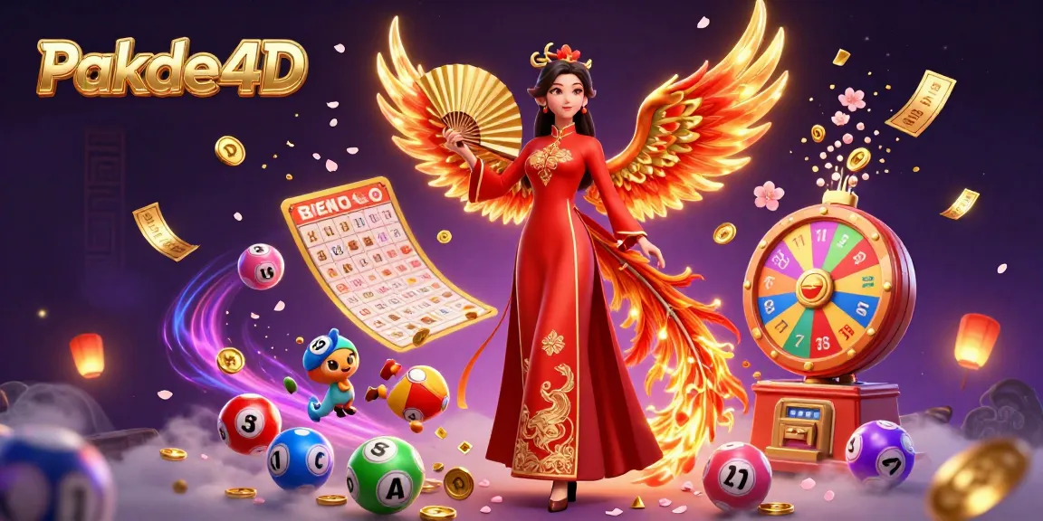 Experience thrilling gaming at Pakde4D with vibrant lottery balls and a stunning phoenix amidst a festive scene.