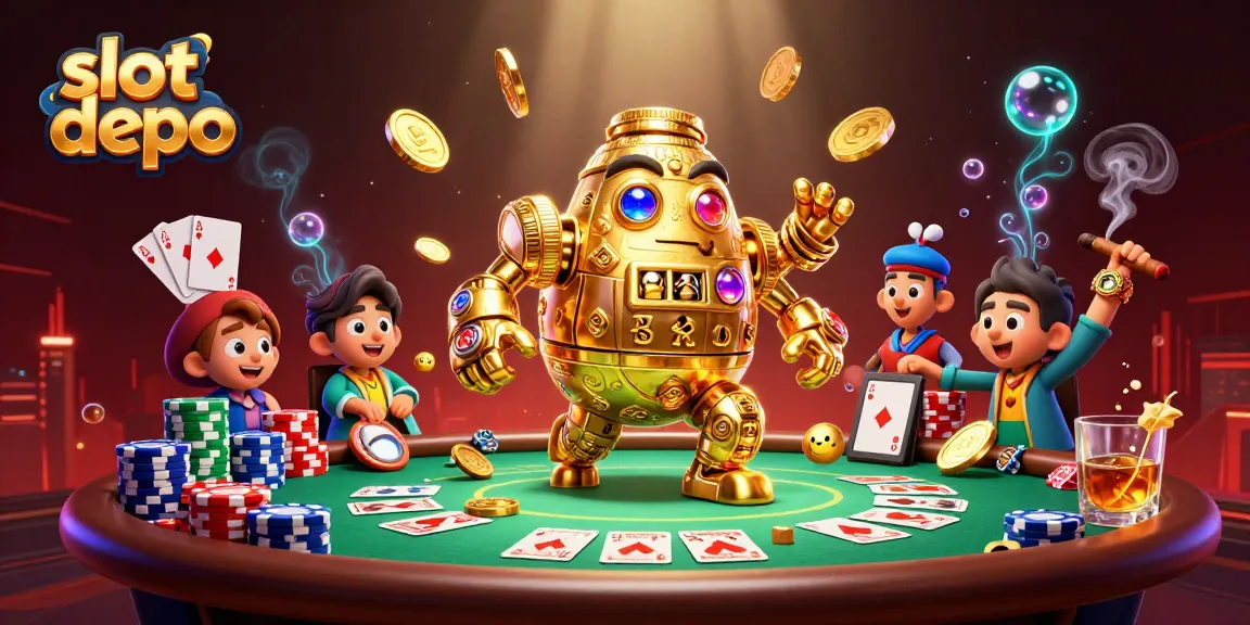 Experience the excitement of slot depo with a vibrant scene featuring a golden golem and poker action.