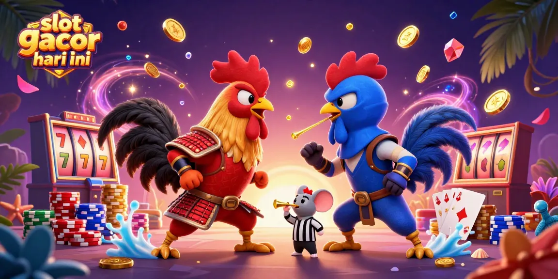 Experience the thrill of slot gacor hari ini with bold cartoon roosters amidst cascading coins and vibrant poker chips.