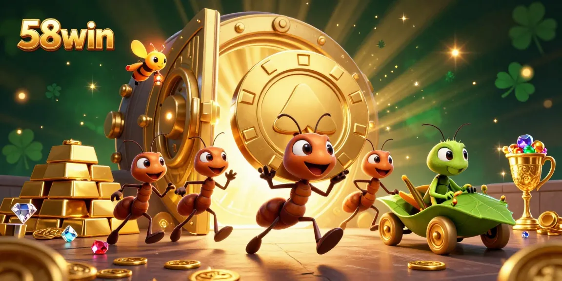Witness 58win's thrilling heist with ant characters carrying a giant poker chip amidst sparkling casino treasures.