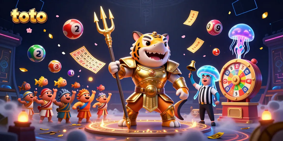 Engage with the exciting toto lottery scene featuring a tiger shark in gladiator armor amidst dynamic prizes and playful fish.