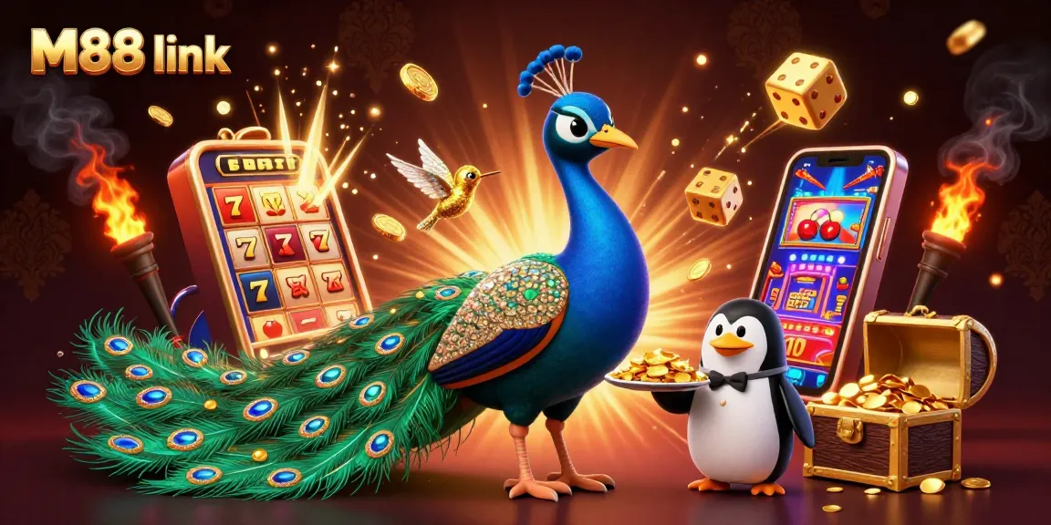 Engage with M88 link showcasing a vibrant gambling scene, featuring a peacock, butler penguin, and hummingbird amidst dynamic casino elements.