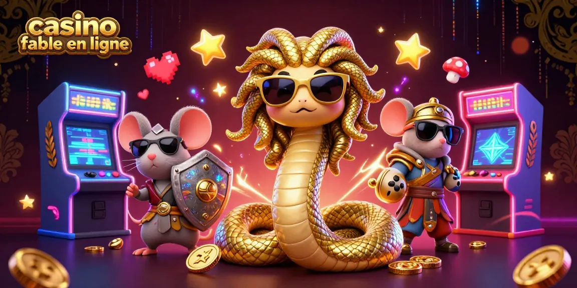 Illustration dynamique de casino fiable en ligne mettant en scène Méduse et un guerrier souris, entouré de machines à sous et de jeux rétro.