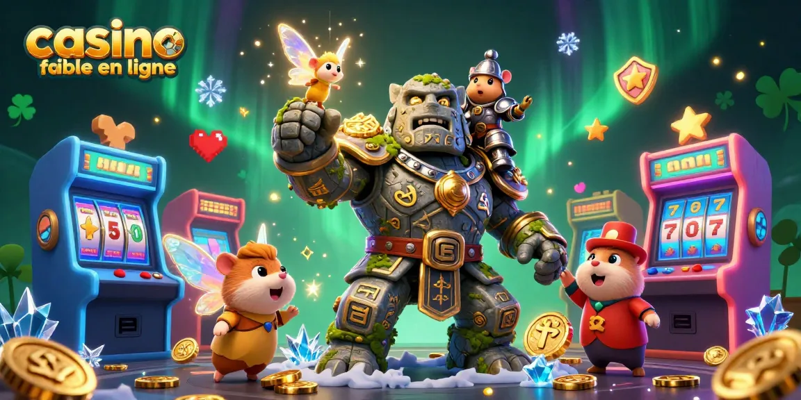 Les jeux de casino fiables en ligne sont illustrés par un golem de pierre et un hamster chevalier, entourés de machines.