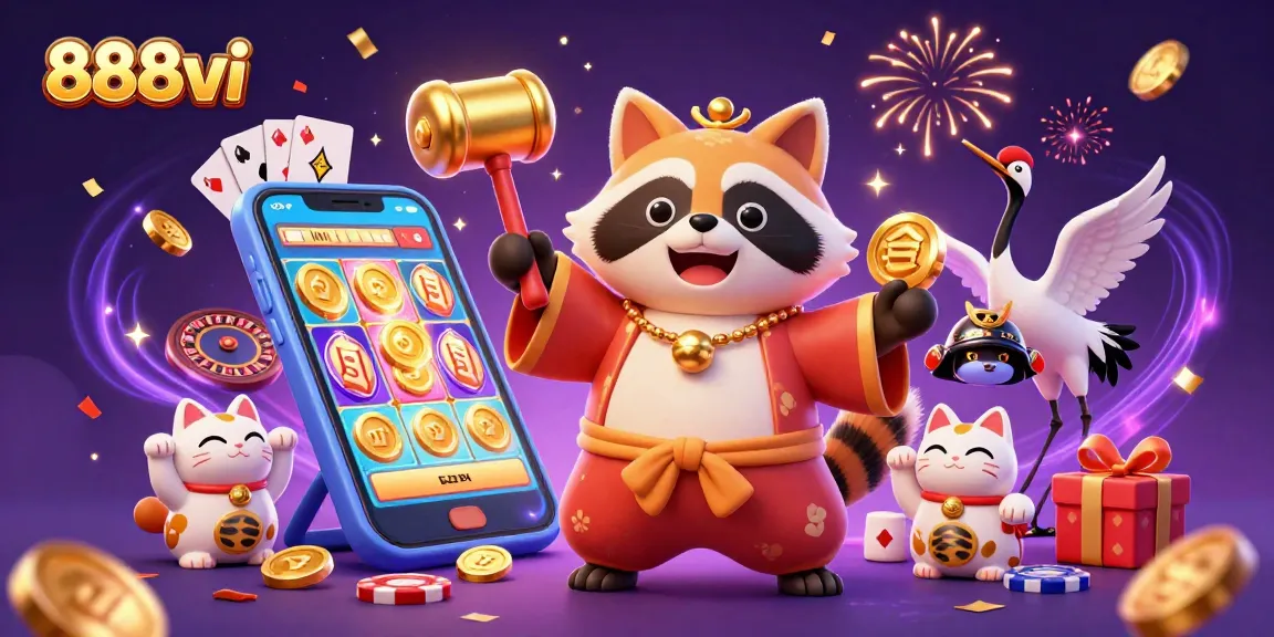 Experience winning with vibrant 888vi casino visuals featuring cheerful tanuki and festive elements.