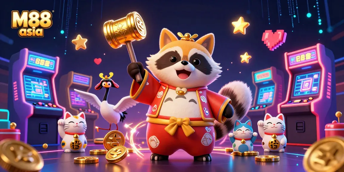 M88 asia brings excitement with colorful gambling elements featuring a cheerful tanuki and lucky symbols.