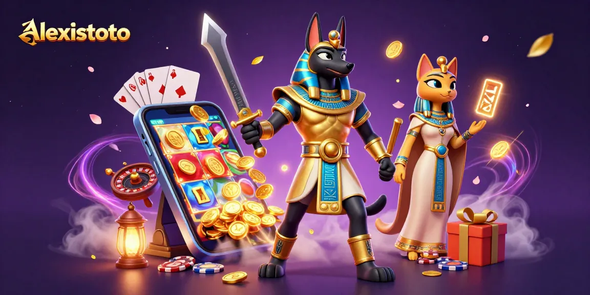 Experience thrilling wins with alexistoto in a vibrant 3D casino scene featuring Anubis and Bastet.