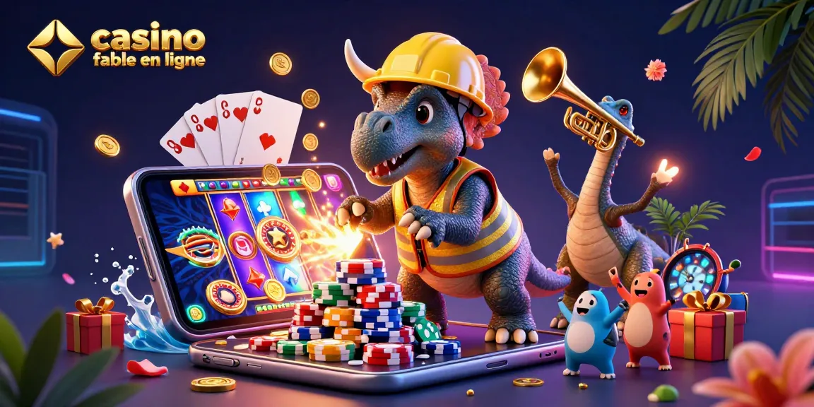 Illustration vibrante de casino fiable en ligne avec des personnages animés et des éléments de jeu colorés.
