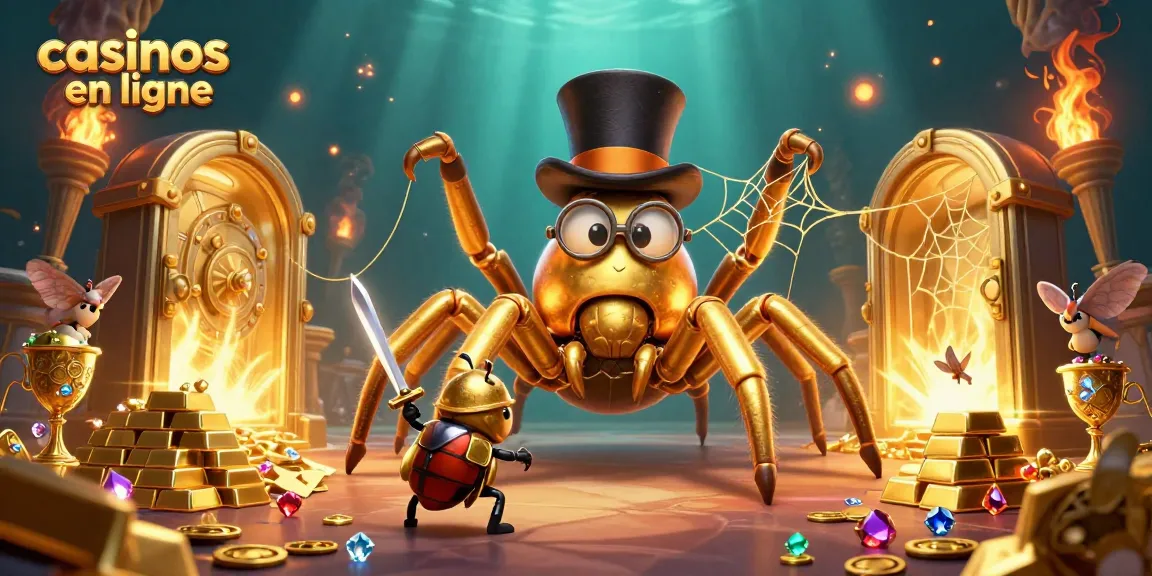 Jouez aux casinos en ligne avec cette scène colorée de jeux, pièces d'or et personnages captivants.