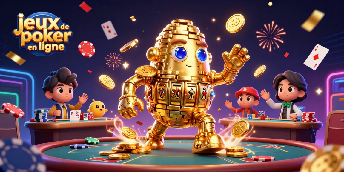 Jouez aux jeux de poker en ligne avec un golem doré entouré de jetons et de cartes de poker.