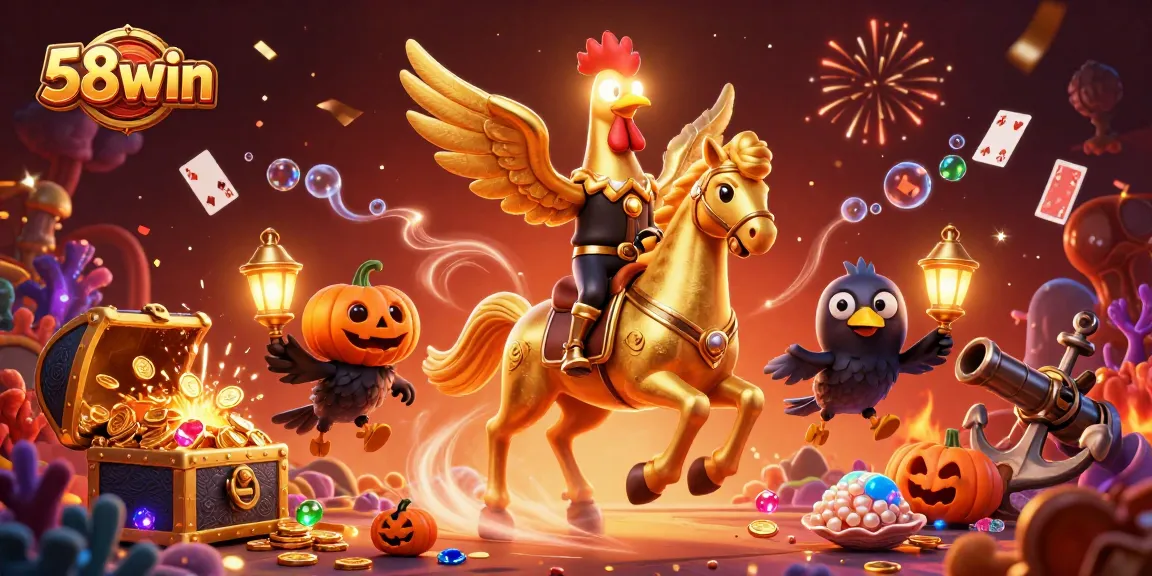 Experience the vibrant 58win casino with golden rooster characters and dynamic gaming elements.