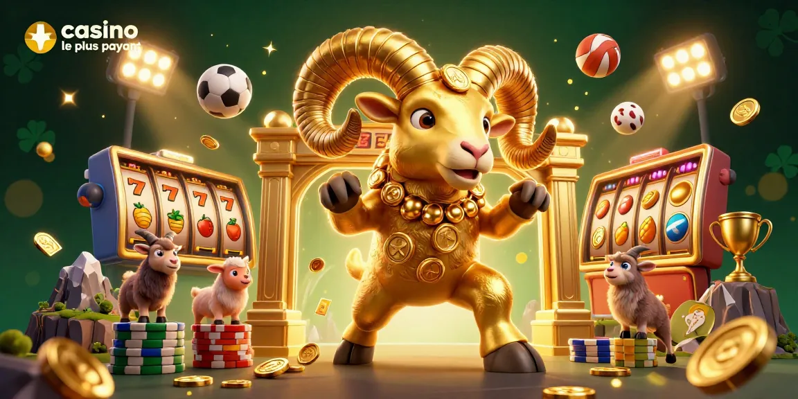 Illustration 3D d'un casino en ligne le plus payant, avec un bélier doré et des éléments de jeu.