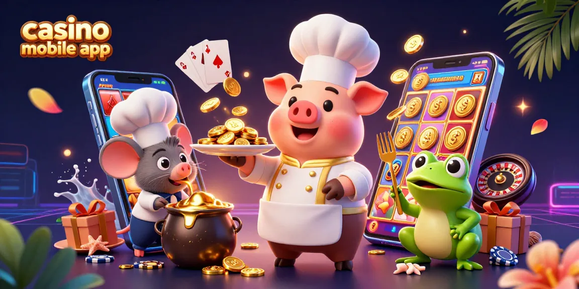 Découvrez l'application mobile de casino avec un chef cartoon, jetons de poker, et jeux de machines à sous en 3D.