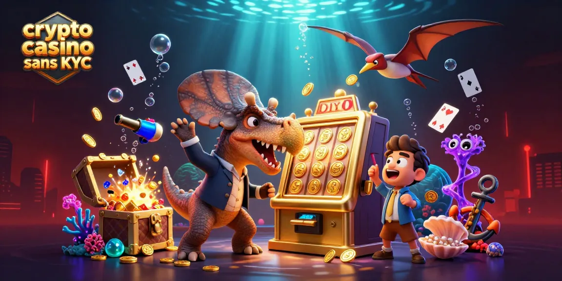 Illustration dynamique d'un crypto casino sans KYC, avec des personnages de dinosaures interagissant avec des machines à sous.