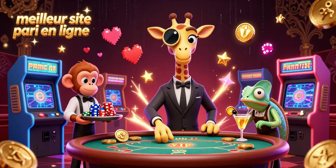 Vivez l'expérience du meilleur site pari en ligne avec une girafe high-roller au poker entourée de machines à sous colorées.