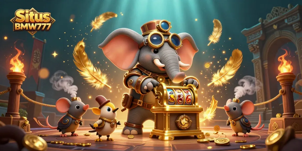Situs BMW777 showcases a steampunk elephant engaging in a lively slot machine scene filled with vibrant game elements.