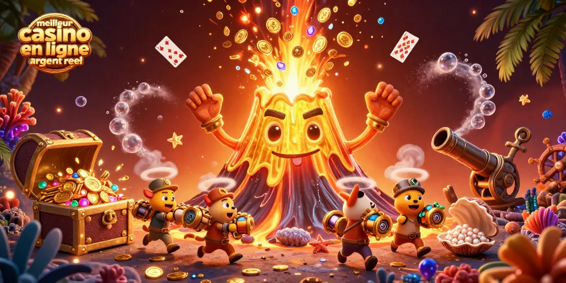 Plongez dans l'univers du meilleur casino en ligne argent réel avec une illustration captivante d'un volcan doré et des trésors scintillants.